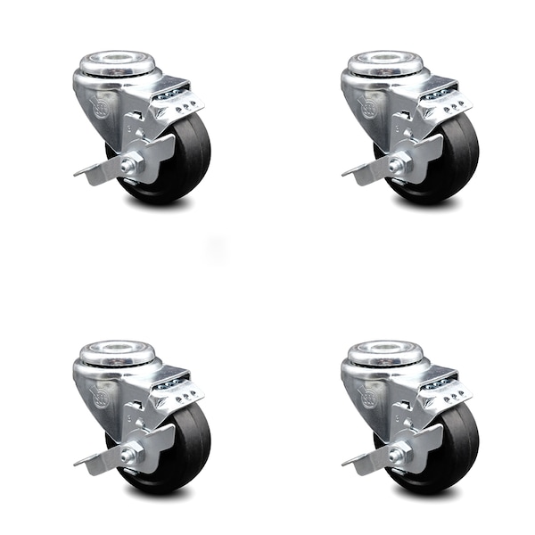 3.5 Inch Soft Rubber Wheel Swivel Bolt Hole Caster Set with Brake